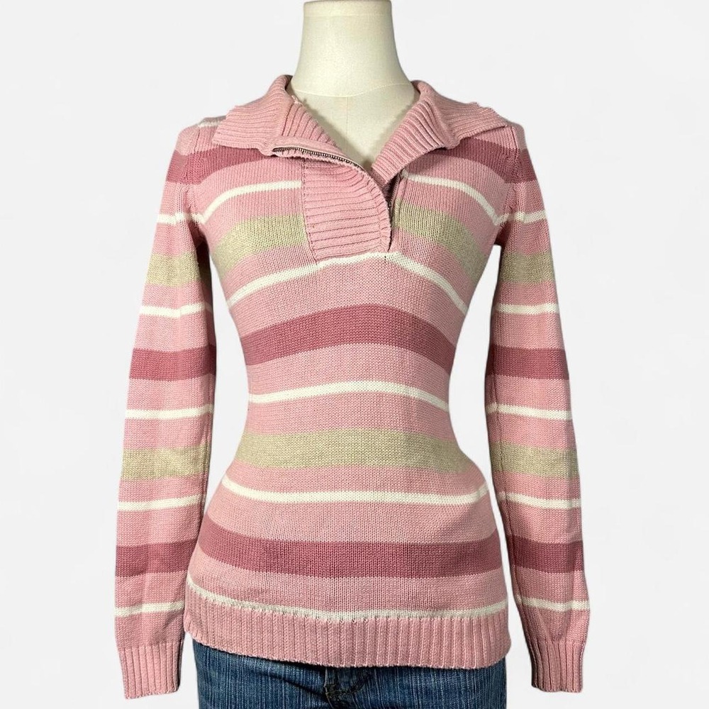 Y2K Liz Claiborne Pink Beige Striped Long Sleeve 1/4 Zip Sweater Women PS Preppy